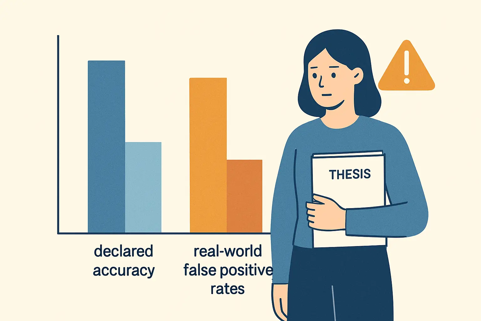 Ilustração do problema dos falsos positivos nos detetores de IA — divergência entre precisão declarada pelos fabricantes e taxas reais em testes independentes