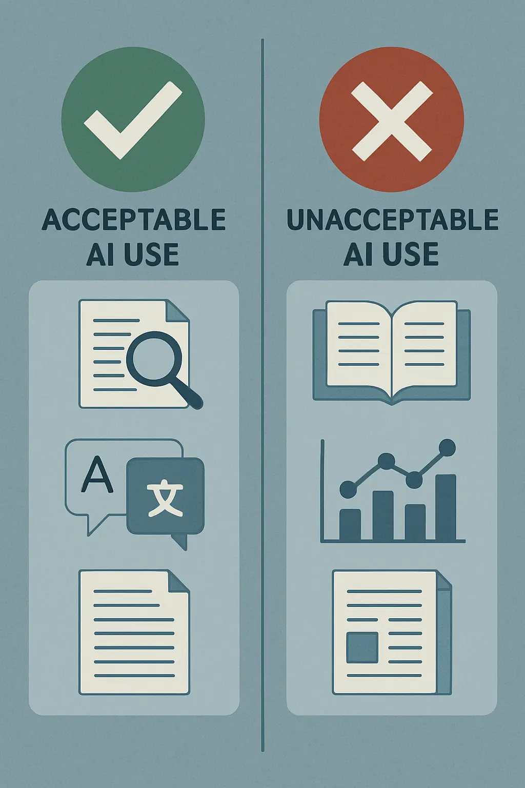 Ilustração comparativa entre uso aceitável e não aceitável de inteligência artificial numa tese académica, com símbolos de verificação e exclusão