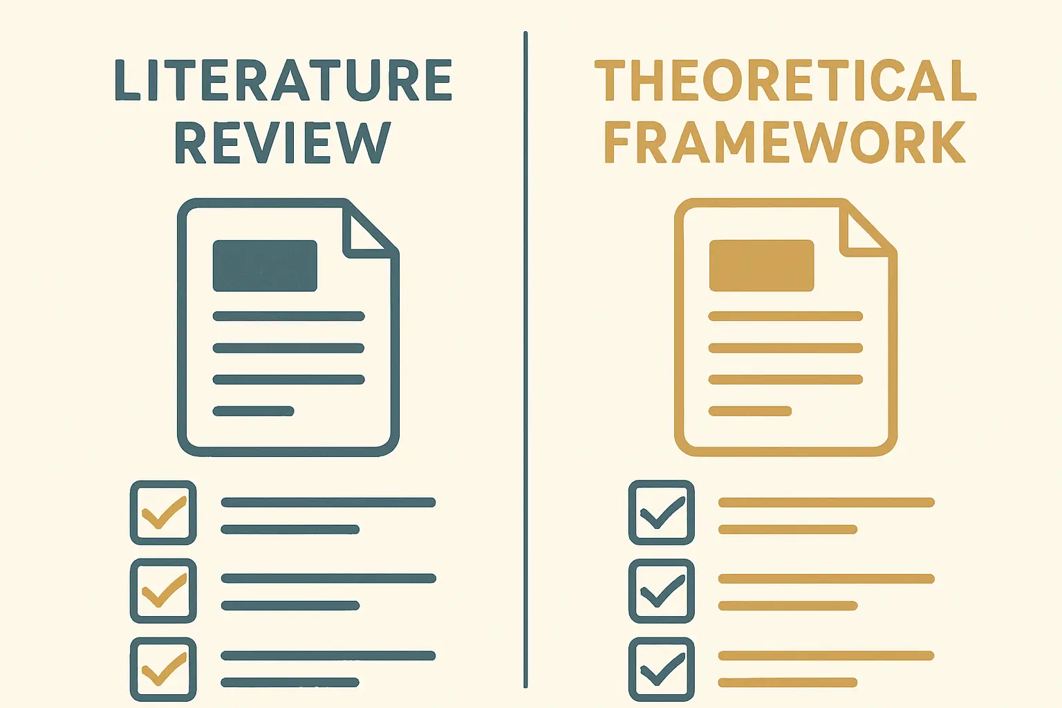 Ilustração comparativa entre revisão de literatura e enquadramento teórico numa dissertação académica