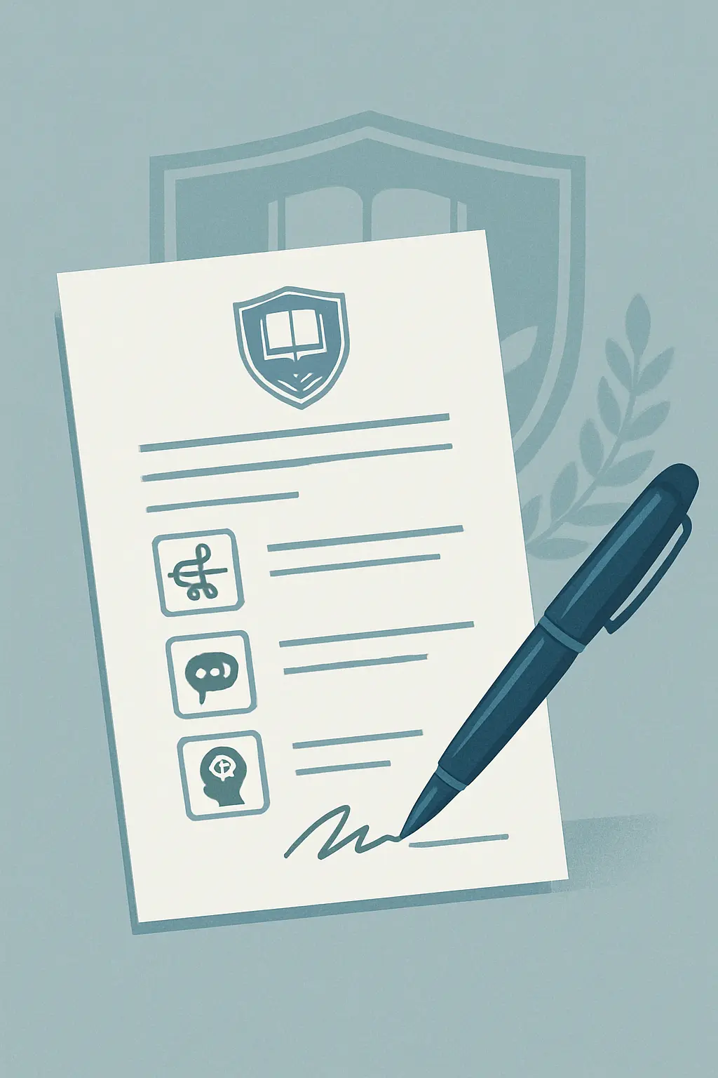 Ilustração de uma declaração formal de uso de IA na tese, com uma lista de verificação de ferramentas e a assinatura do autor