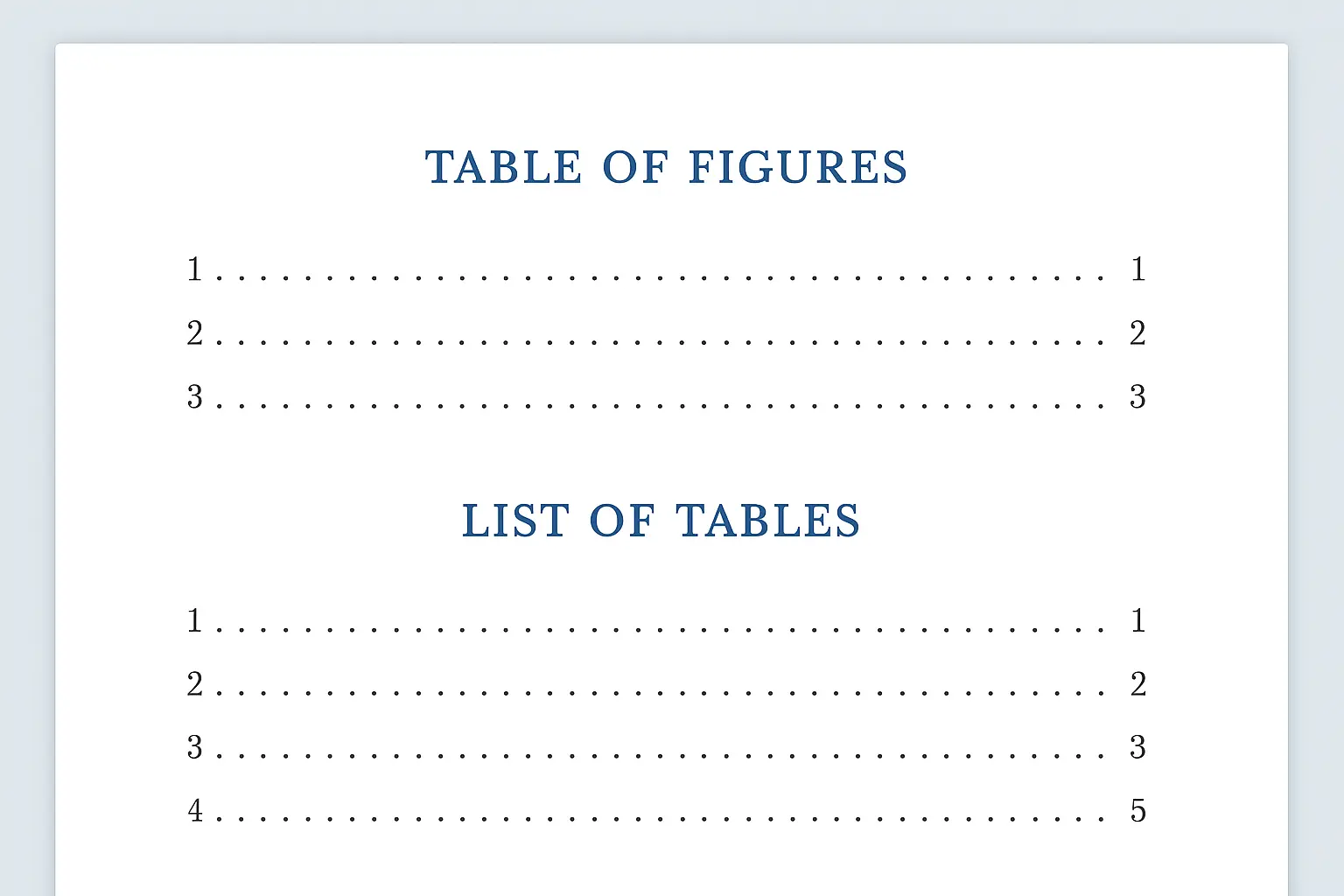 Ilustração de uma Lista de Figuras e Lista de Tabelas geradas automaticamente no Word para uma tese académica