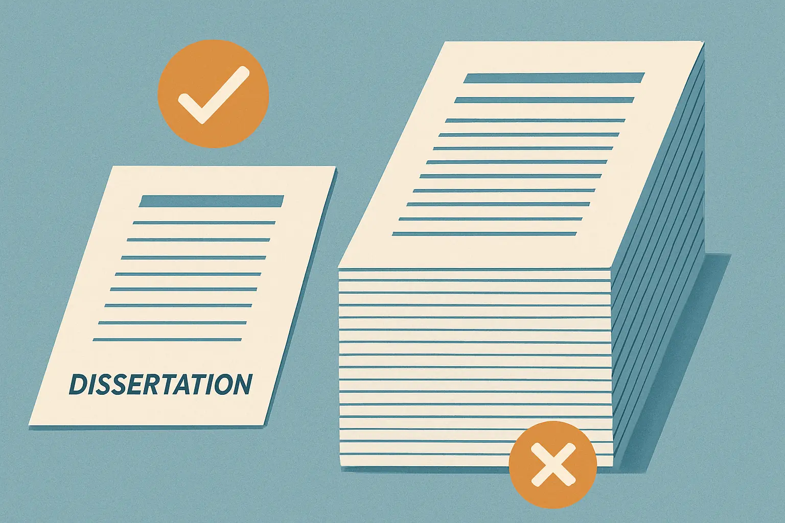 Ilustração que contrasta qualidade versus quantidade numa dissertação: um documento conciso e bem avaliado comparado a um documento extenso com avaliação inferior