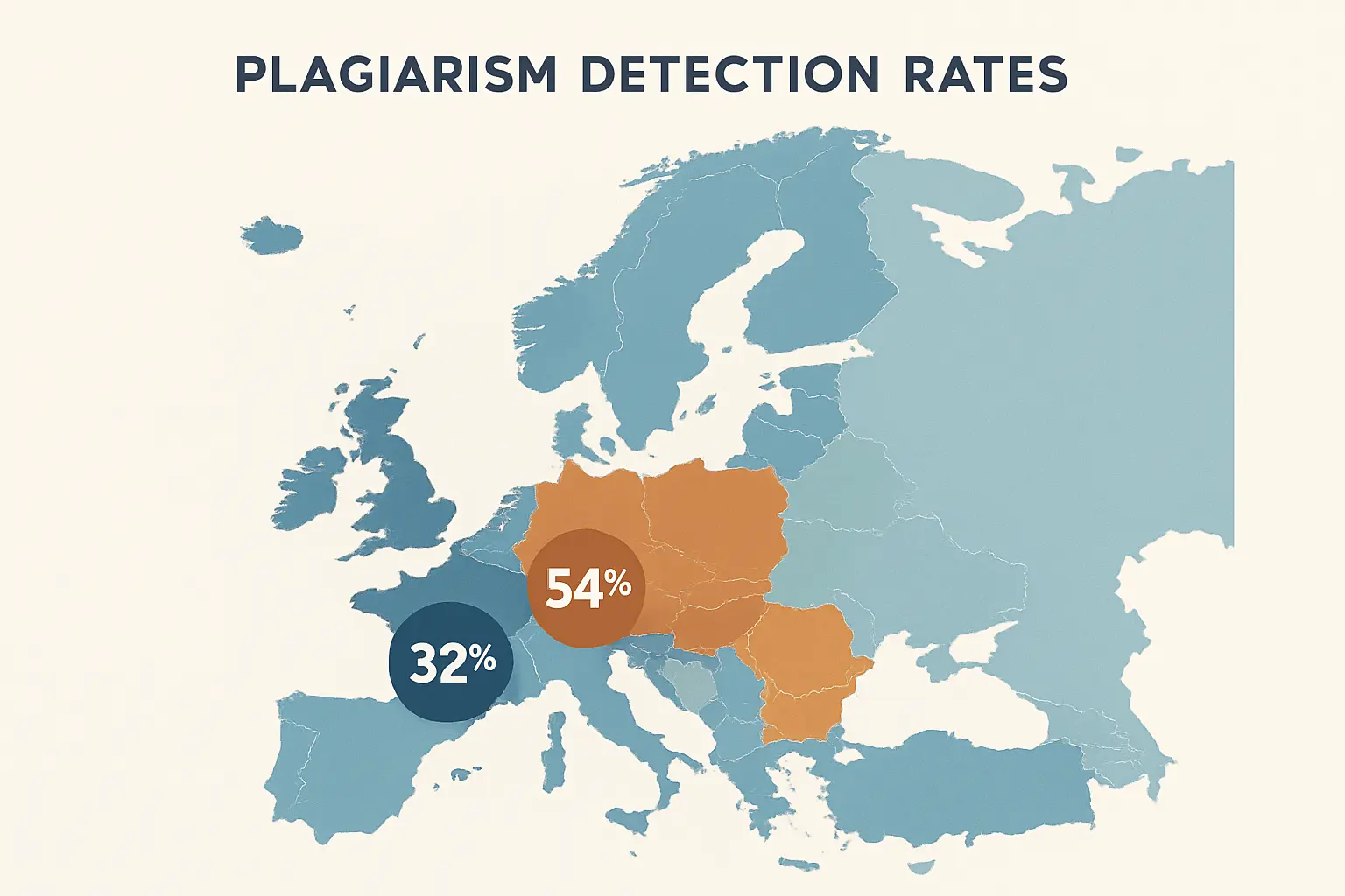Mapa comparativo das taxas de plágio académico na Europa, com destaque para o Reino Unido e a Alemanha como casos extremos
