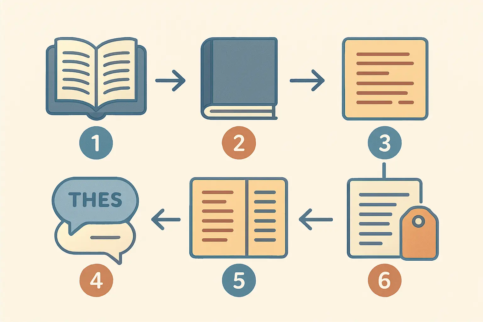 Diagrama dos seis passos para parafrasear corretamente: leitura, digestão, alteração sintática, renovação de vocabulário, comparação com o original e citação