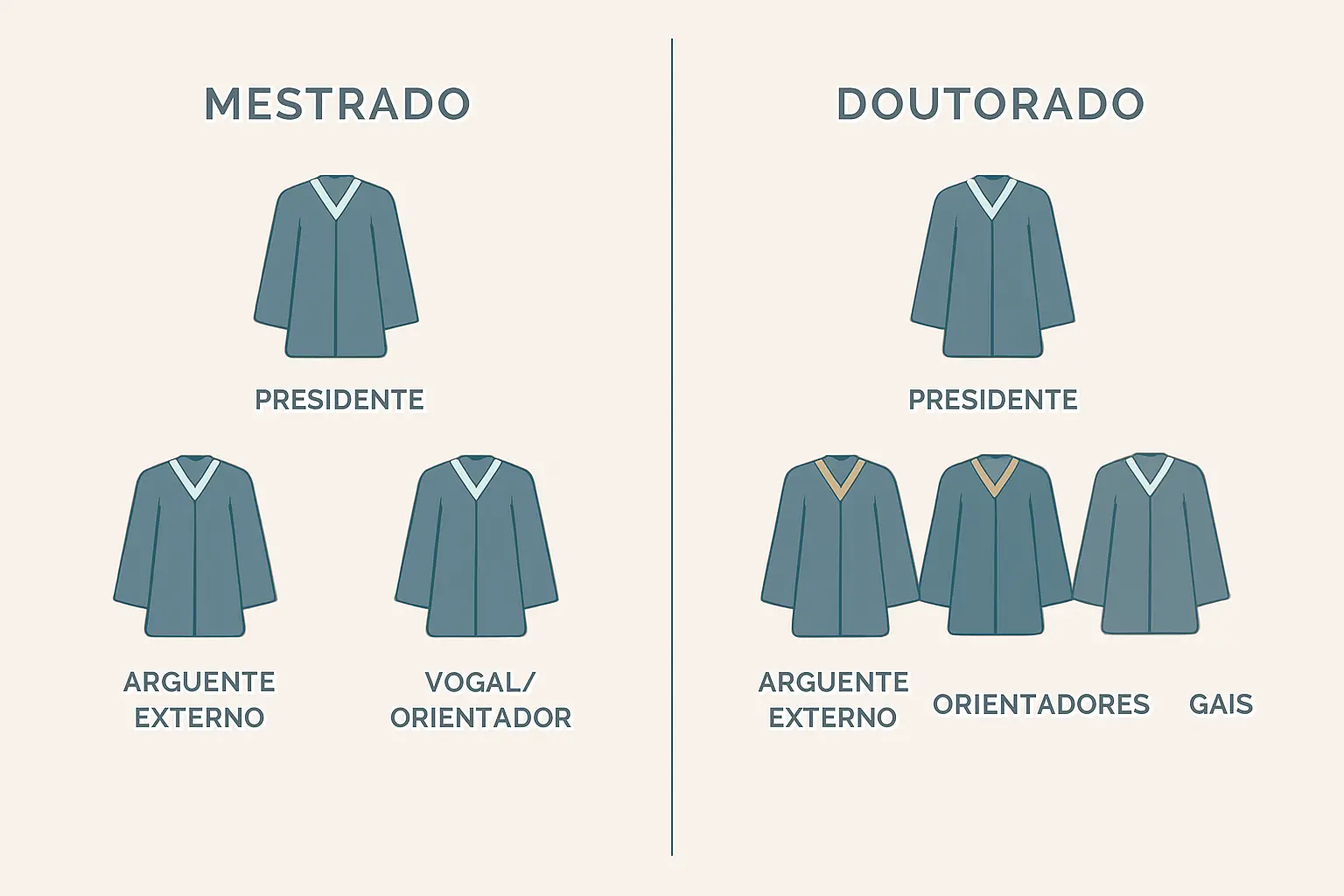 Composição do júri de arguição em Portugal: mestrado com 3 elementos (presidente, arguente externo, vogal) e doutoramento com 5 ou mais elementos