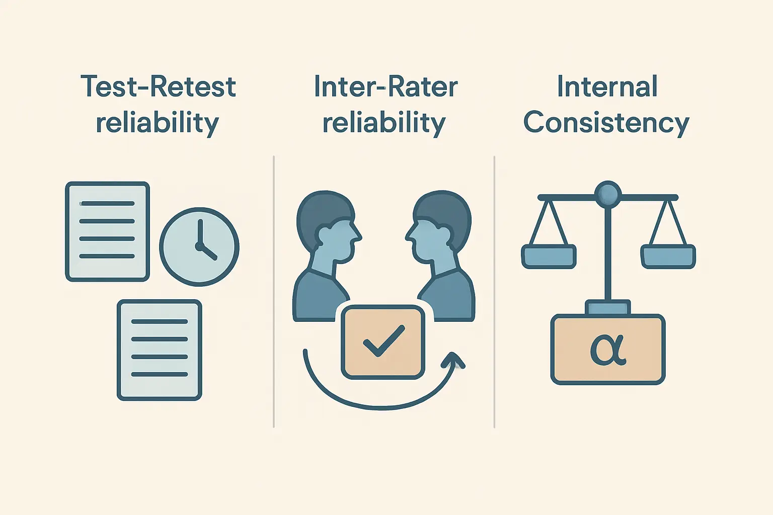 Os três tipos de fiabilidade na investigação: fiabilidade teste-reteste, inter-avaliadores e consistência interna (alfa de Cronbach)