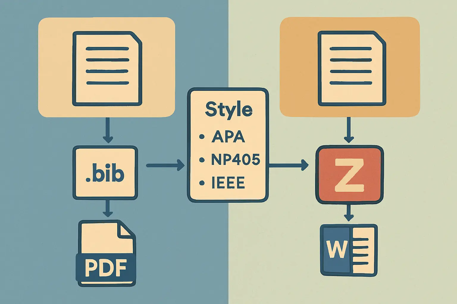 Comparação dos fluxos de gestão de referências bibliográficas: BibLaTeX para LaTeX versus plugin Zotero para Word, ambos produzindo referências formatadas em APA 7 ou NP 405