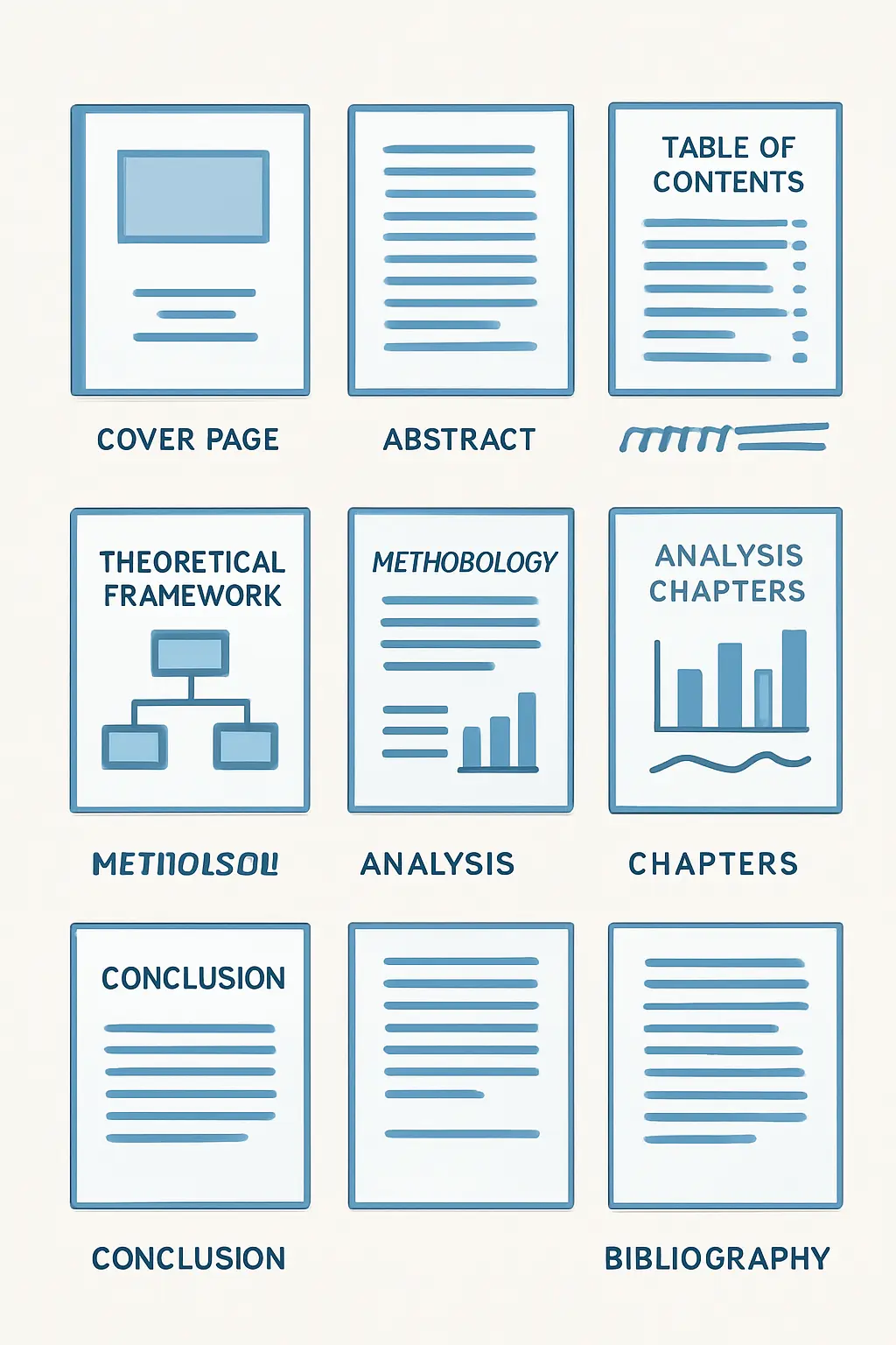 Estrutura completa de uma monografia académica: elementos pré-textuais, corpo do texto e elementos pós-textuais com capítulos organizados por ordem