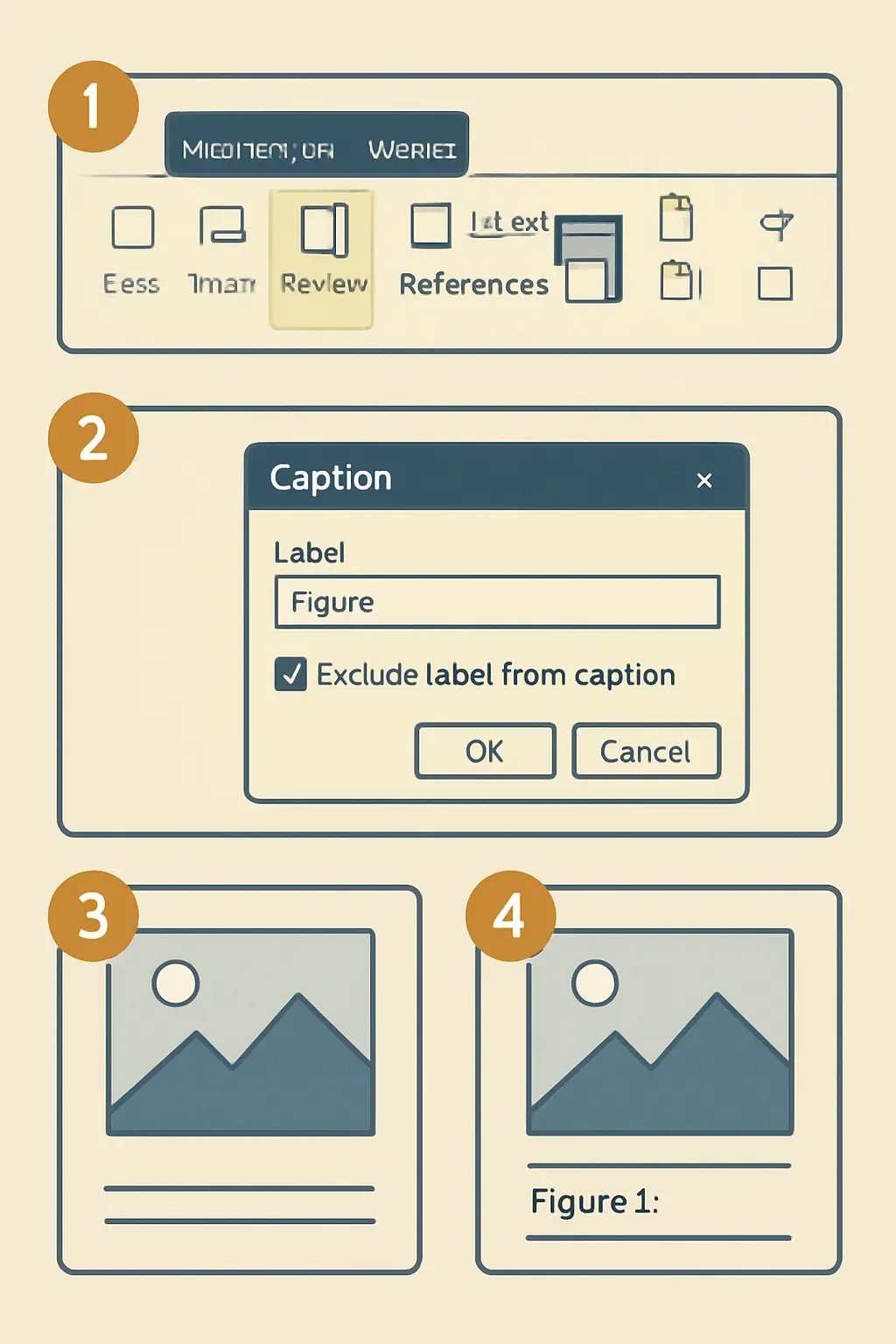 Diagrama passo a passo a ilustrar como inserir uma legenda numa figura no Microsoft Word para gerar a lista automática na tese
