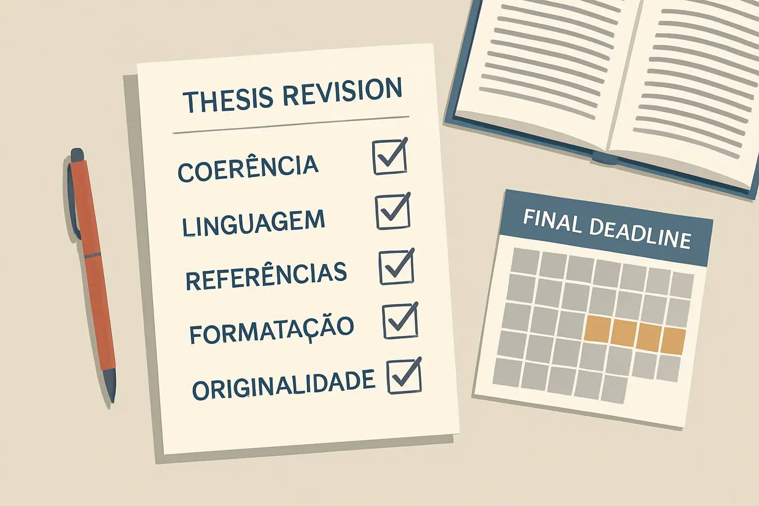 Checklist estruturada de revisão final da tese organizada em cinco blocos: coerência, linguagem, referências, formatação e originalidade